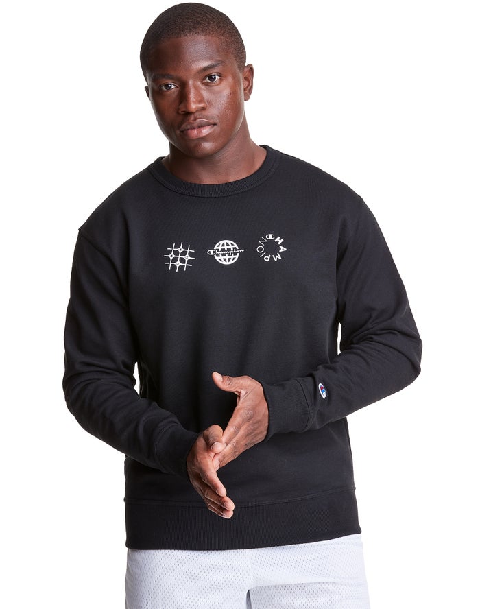 Champion Powerblend Fleece Crew Multi-Logos - Miesten Mustat Collegepaita - Suomi 2973641-PC